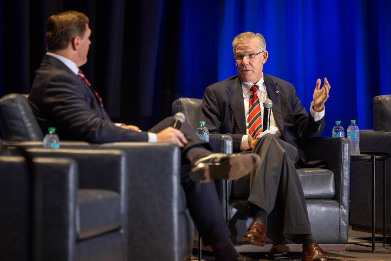 Sanford Health President and CEO Bill Gassen (left) moderates a conversation with American Hospital Association President and CEO Rick Pollack at the fourth annual Summit on the Future of Rural Health Care.