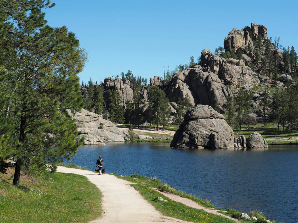 Person walking their dogs on a trail by water and massive rocks.